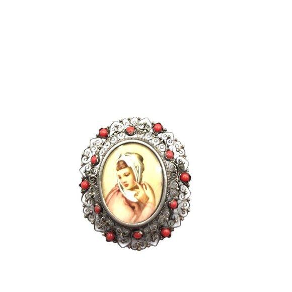 Antique 800 Silver Filigree hand painted Portrait Brooch Natural Coral late 1800 - Picture 2 of 6